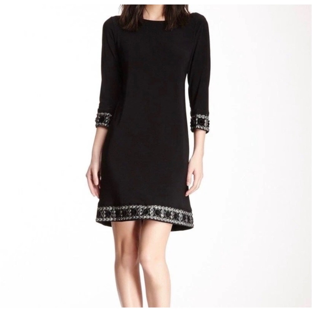 Tiana B Womens Plus 14W Black Shift Dress Jeweled 3/4 Sleeve Scoop Neck Stretch